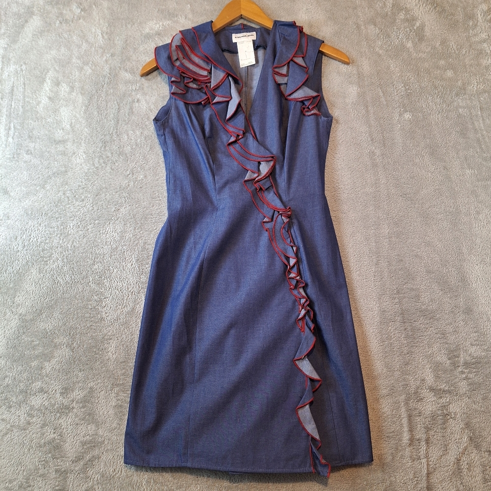 Mugler Dress Womens Size 38 Blue Chambray Sleeveless Wrap Snap Ruffle Sheath Vtg